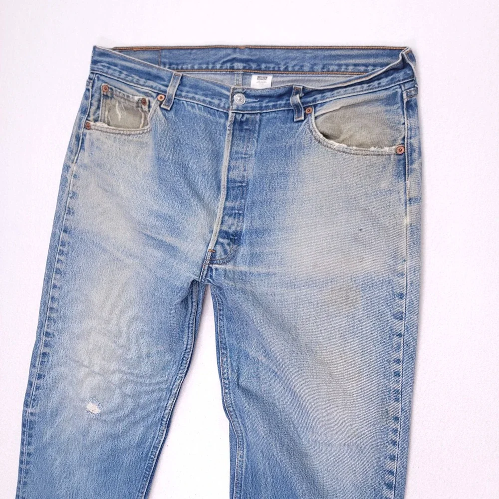 Vintage Levis 501 Mens Light Wash Distressed Straight Leg Button Fly Jeans 36x33